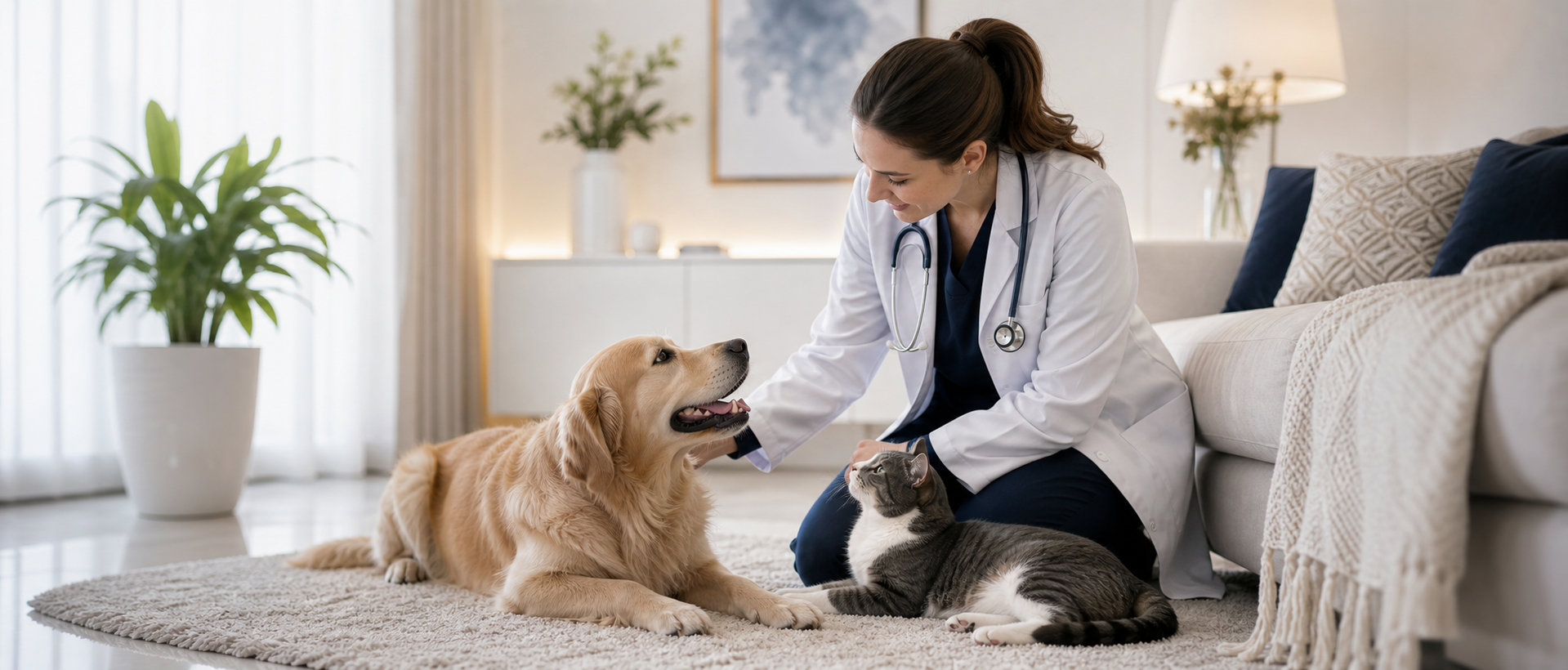 Pets tranquilos em casa durante atendimento veterinário domiciliar premium