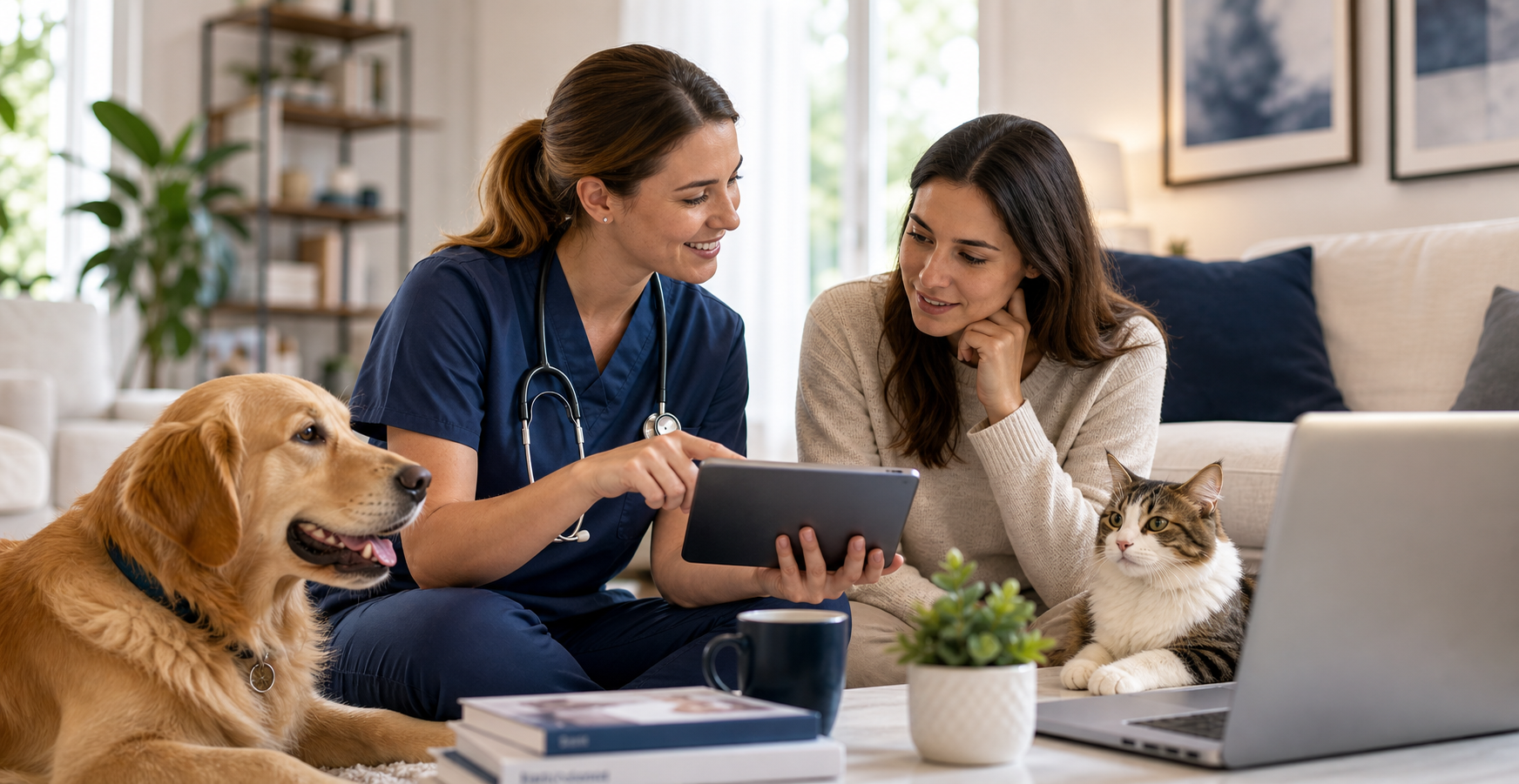Tutor e veterinária revisando orientações de saúde pet em ambiente residencial