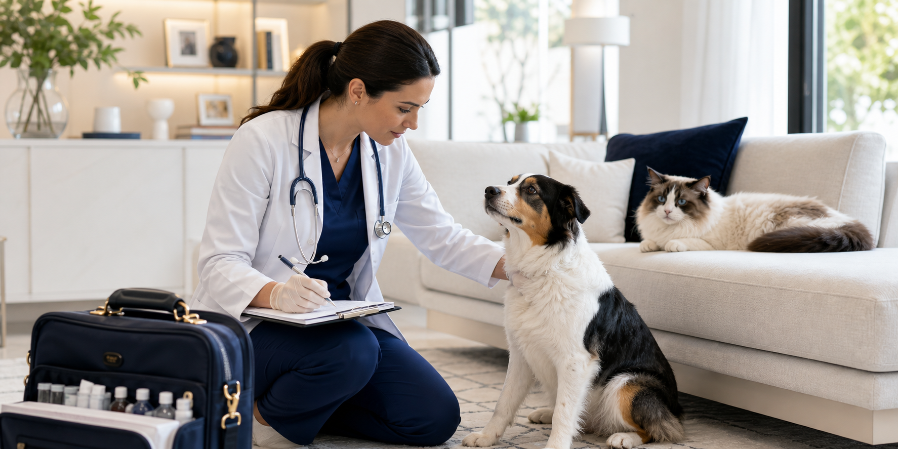 Veterinária avaliando pet com foco clínico e encaminhamento especializado