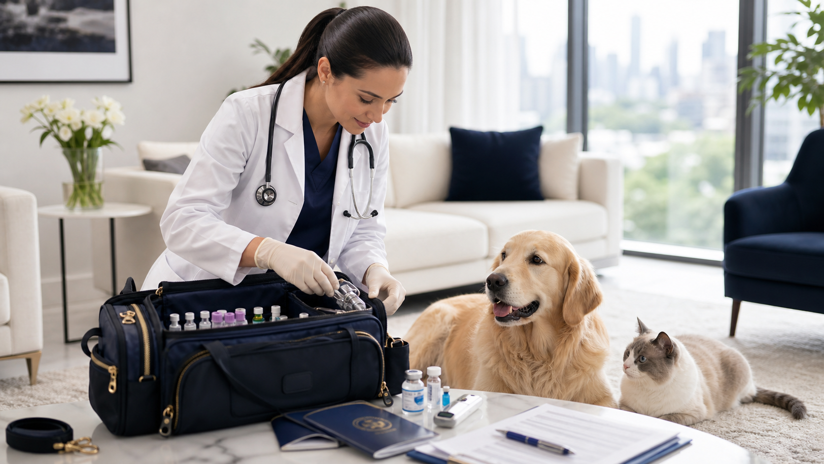 Veterinária organizando equipamentos para consulta, vacinas e exames em casa