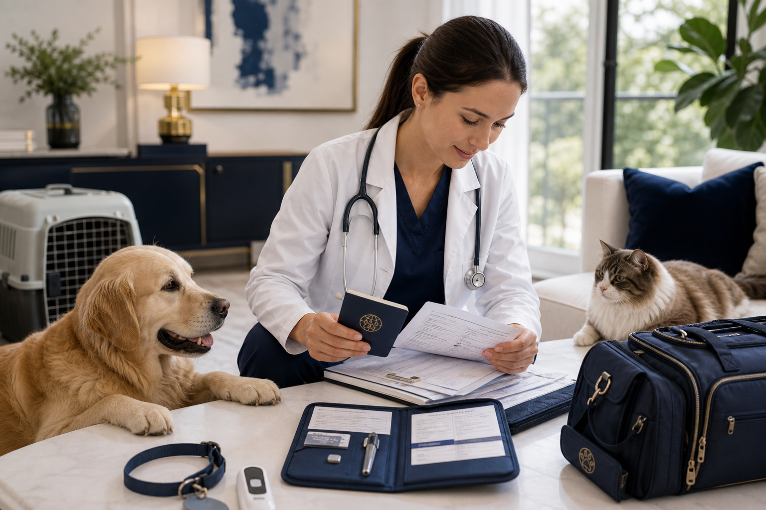 Veterinária organizando documentos e preparo para viagem internacional com pets