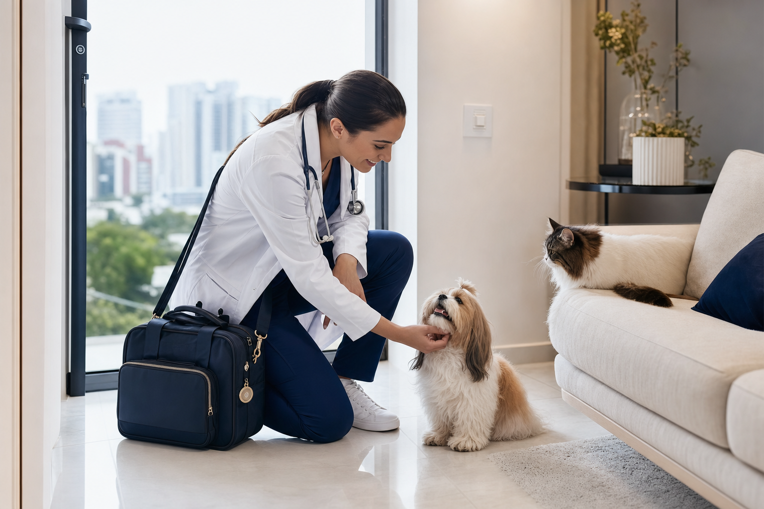 Veterinária em atendimento domiciliar com pets em ambiente residencial premium